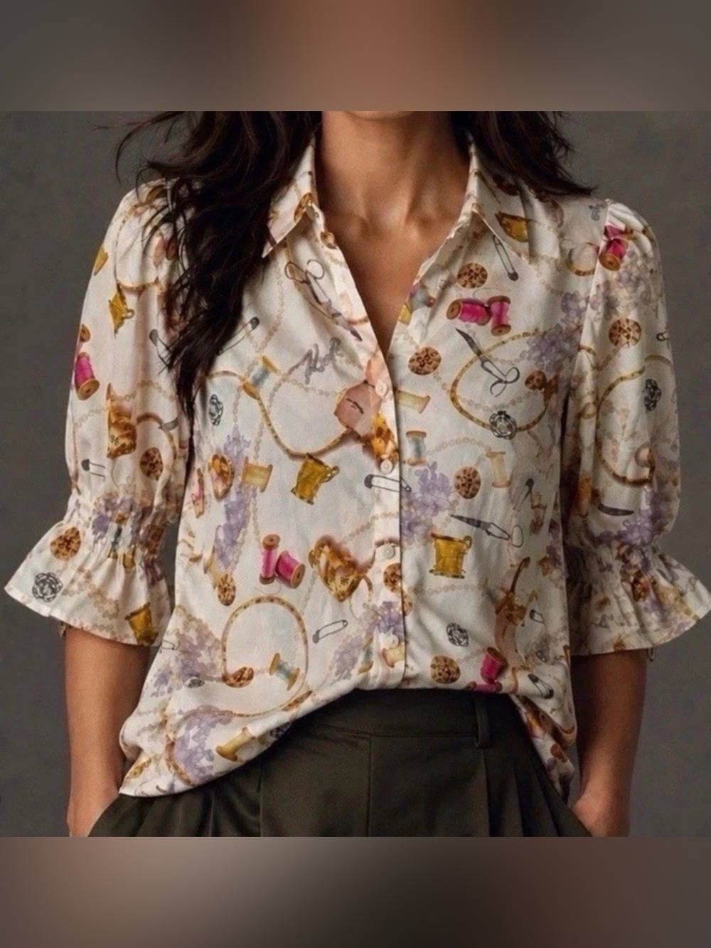 Karl Lagerfeld Paris Women All Over Sewing Detail Printed Blouse White Sz M NWT